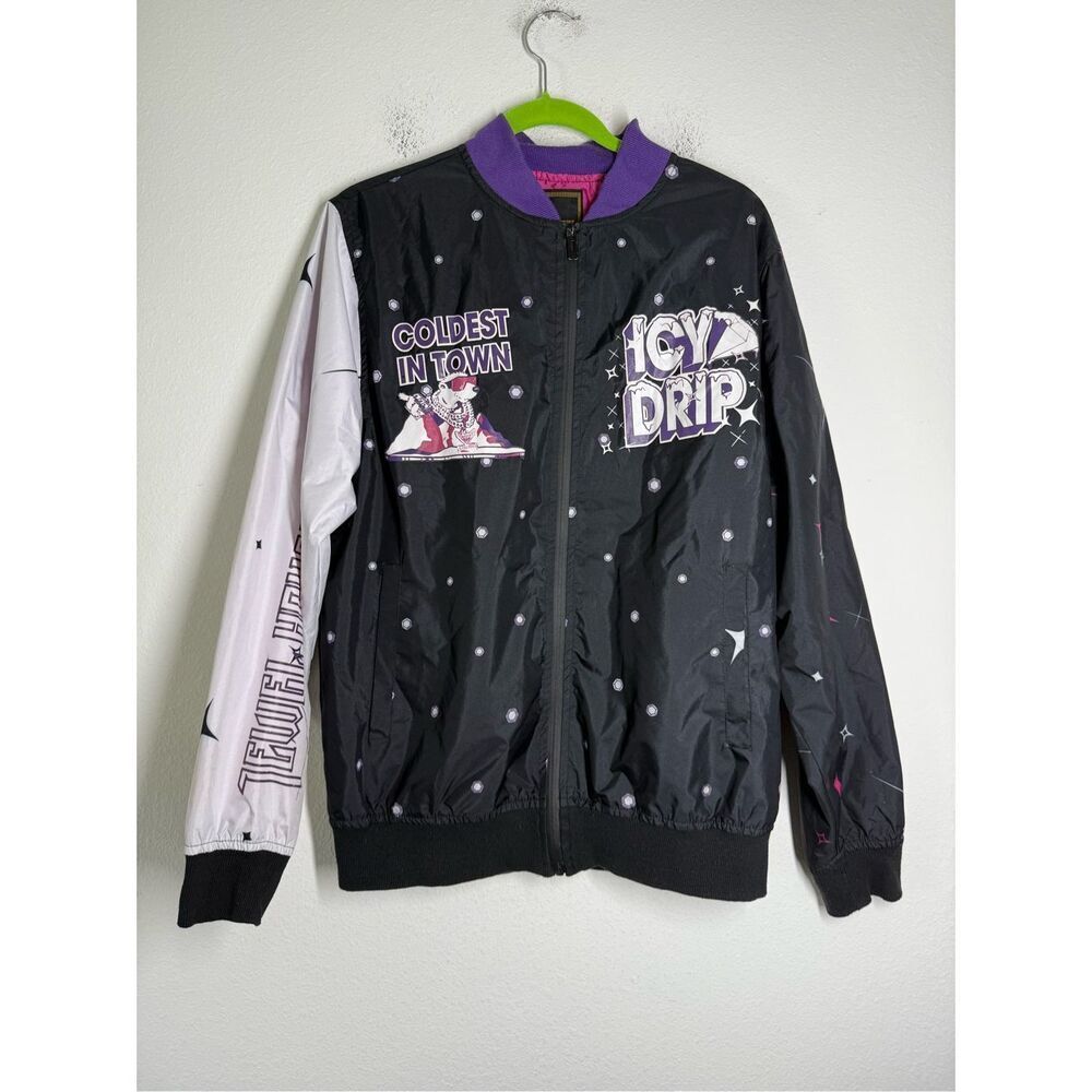 Jewel House Coldest in Town Embellished Black Purple Bomber Jacket Sz M See Note